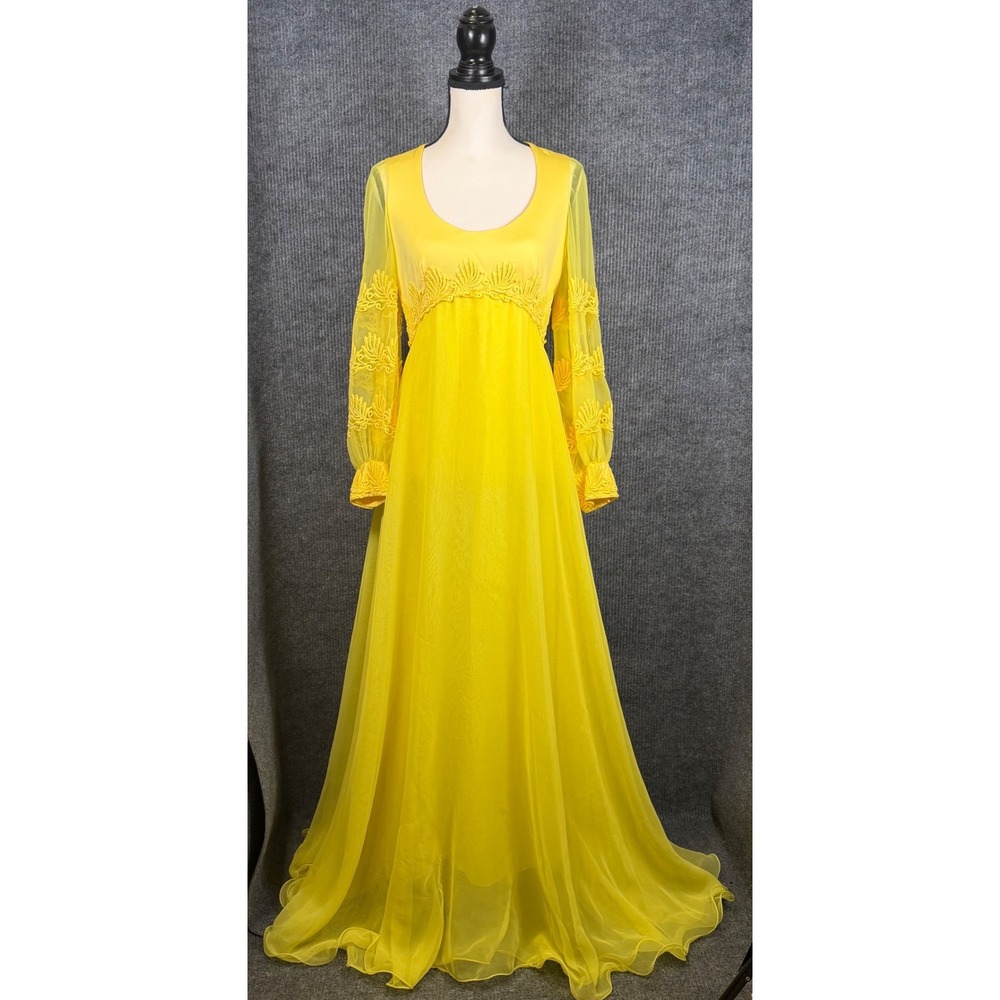 Lillie Rubin Maxi Dress Women M Yellow Vintage Embroidered Chiffon 70s Gown